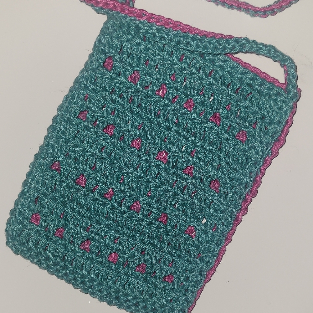 Crochet BOHO Handcrafted Teal Pink Bag Crossbody Cellphone Hipster Reversable - Picture 4 of 4